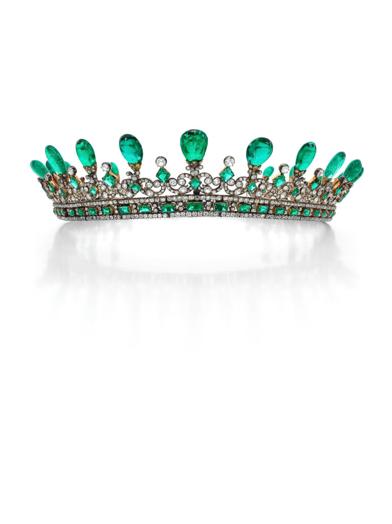 An-historically-important-emerald-and-diamond-diadem-Joseph-Kitching-1845-Tiaras-exhibition-at-Sothebys-June-2022