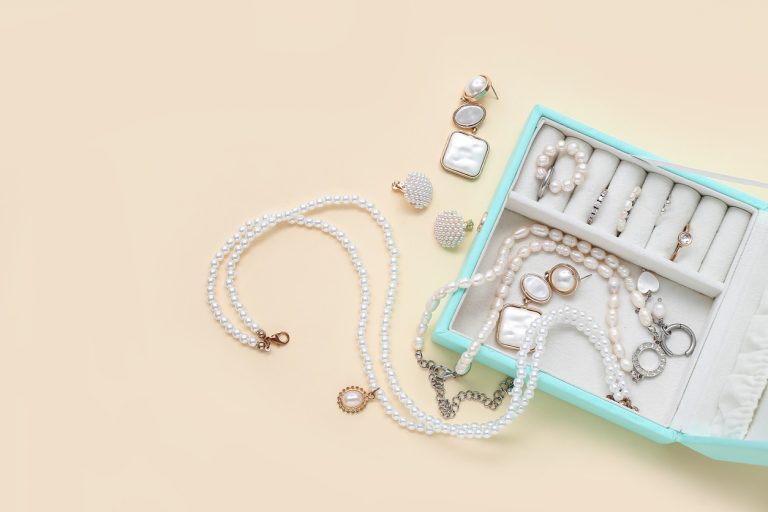 blue jewelry box with bijou jewelry